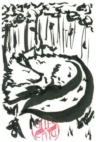 Fox asleep in the forest (ink)
